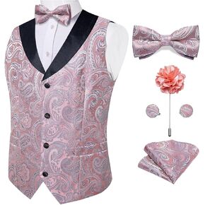 DiBanGu Mens Vest and Bowtie Set Silk Paisley Waistcoat and Bowtie Pocket Square Cufflinks with Lapel Pin for Wedding Party in Saudi Arabia