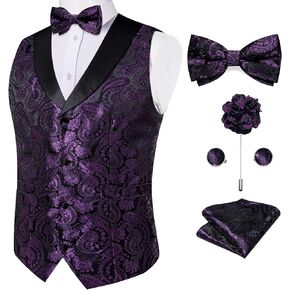 DiBanGu Mens Vest and Bowtie Set Silk Paisley Waistcoat and Bowtie Pocket Square Cufflinks with Lapel Pin for Wedding Party