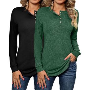 Ficerd 2 Pcs Women Long Sleeve Henley Tops Buttons Down V Neck Casual Loose Fit Shirts