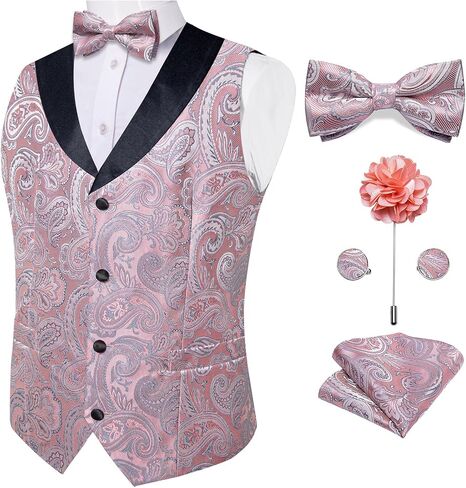 DiBanGu Mens Vest and Bowtie Set Silk Paisley Waistcoat and Bowtie Pocket Square Cufflinks with Lapel Pin for Wedding Party in Kuwait