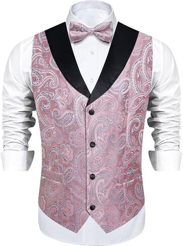 DiBanGu Mens Vest and Bowtie Set Silk Paisley Waistcoat and Bowtie Pocket Square Cufflinks with Lapel Pin for Wedding Party in Kuwait