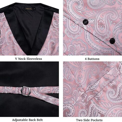 DiBanGu Mens Vest and Bowtie Set Silk Paisley Waistcoat and Bowtie Pocket Square Cufflinks with Lapel Pin for Wedding Party in Kuwait