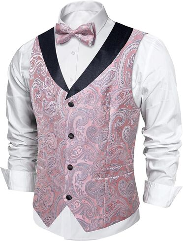 DiBanGu Mens Vest and Bowtie Set Silk Paisley Waistcoat and Bowtie Pocket Square Cufflinks with Lapel Pin for Wedding Party in Kuwait