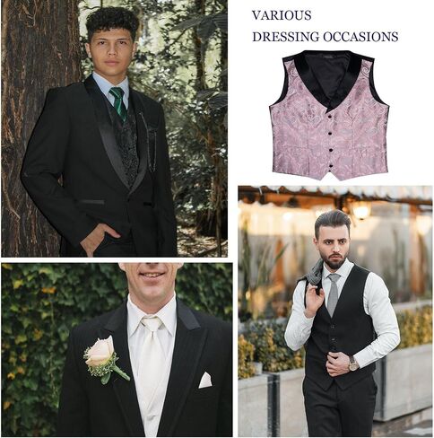 DiBanGu Mens Vest and Bowtie Set Silk Paisley Waistcoat and Bowtie Pocket Square Cufflinks with Lapel Pin for Wedding Party in Kuwait