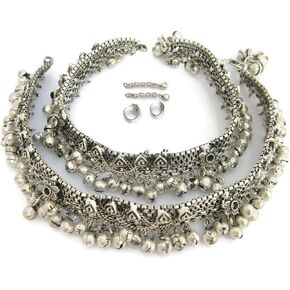 زوج سوار خلخال بطول 10 انش | مجوهرات عصرية للنساء بنمط عتيق | صندل بوهو للشاطئ وحفلات الزفاف | حلية جرس جلجل | خلخال من الفضة الالمانية المؤكسدة الهندية العرقية in Kuwait