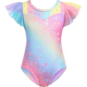 Zaclotre Girls Ruffle Sleeve Ballet Leotards Toddler Mesh Dance Leotard Sparkly Gymnastics Outfits