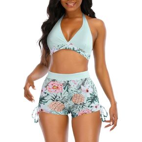 Womens High Waisted Swimsuits with Boy Shorts Brazilian Triangle Top Stripes Halter Bikini Two Piece Bathing Suits in Kuwait