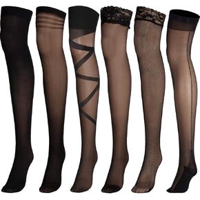 6 Pairs Thigh High Stocking Fishnet Stockings Silicone Lace Top Back Seam Strap Women, Multicoloured, One Size in Saudi Arabia