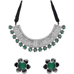 I Jewels مجموعة مجوهرات الزفاف الهندية المؤكسدة من الفضة وقلادة وأقراط للنساء والفتيات (MC058-118)