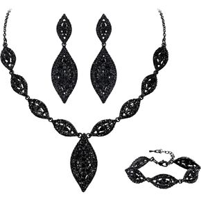 Flyonce Wedding Jewelry Set Rhinestone Crystal Bridal Leaf Necklace Drop Dangle Chandelier Earrings Set for Women Girls