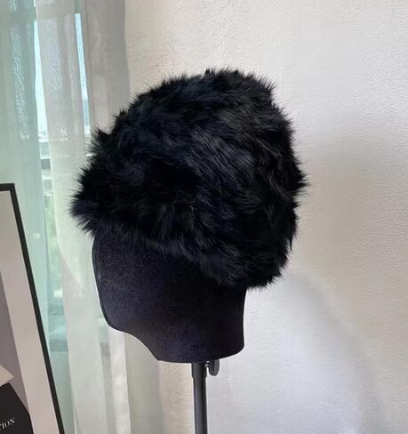 قبعة فرو أرنب نسائية من Forssils محبوكة من الفرو الحقيقي قبعات صغيرة منفوشة للشتاء في الهواء الطلق in Kuwait