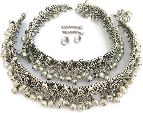 زوج سوار خلخال بطول 10 انش | مجوهرات عصرية للنساء بنمط عتيق | صندل بوهو للشاطئ وحفلات الزفاف | حلية جرس جلجل | خلخال من الفضة الالمانية المؤكسدة الهندية العرقية in Kuwait