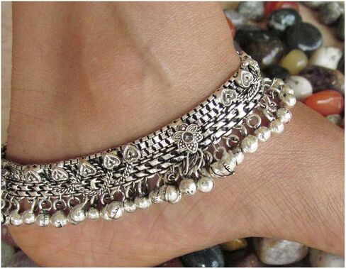 زوج سوار خلخال بطول 10 انش | مجوهرات عصرية للنساء بنمط عتيق | صندل بوهو للشاطئ وحفلات الزفاف | حلية جرس جلجل | خلخال من الفضة الالمانية المؤكسدة الهندية العرقية in Kuwait