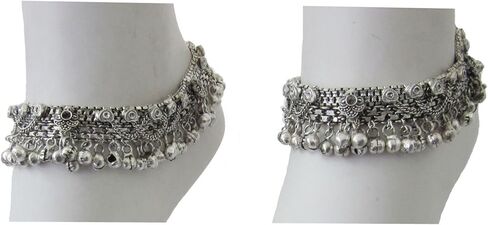 زوج سوار خلخال بطول 10 انش | مجوهرات عصرية للنساء بنمط عتيق | صندل بوهو للشاطئ وحفلات الزفاف | حلية جرس جلجل | خلخال من الفضة الالمانية المؤكسدة الهندية العرقية in Kuwait