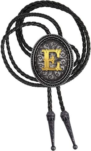 XGALBLA Golden Initial Letter A to Z in Ellipse Flower Western Cowboy Vintage Bolo Tie with Cowhide Rope in Saudi Arabia