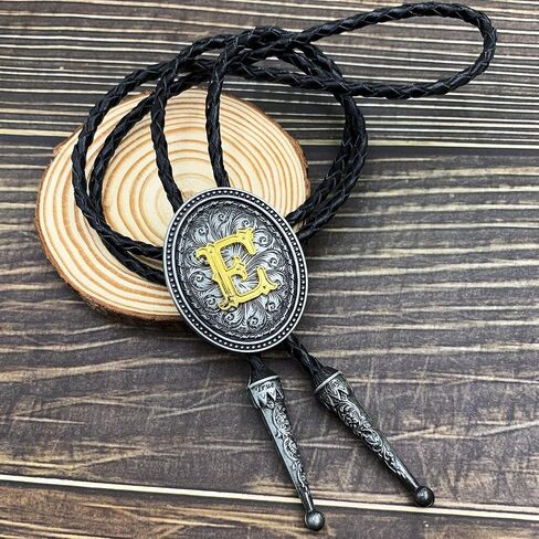XGALBLA Golden Initial Letter A to Z in Ellipse Flower Western Cowboy Vintage Bolo Tie with Cowhide Rope in Saudi Arabia