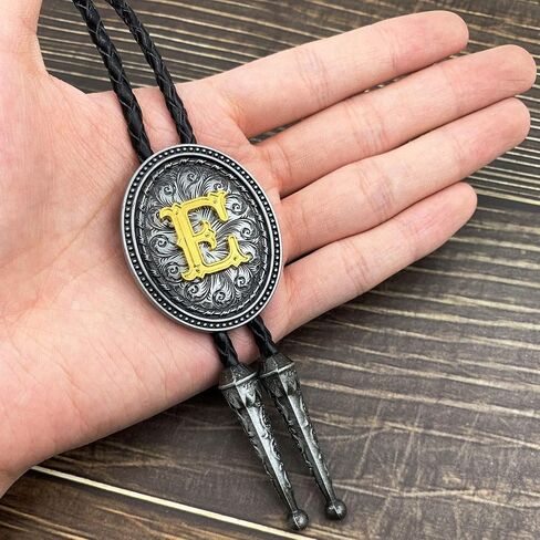 XGALBLA Golden Initial Letter A to Z in Ellipse Flower Western Cowboy Vintage Bolo Tie with Cowhide Rope in Saudi Arabia