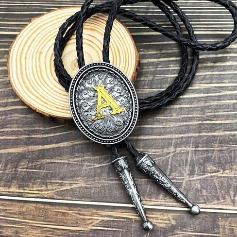 XGALBLA Golden Initial Letter A to Z in Ellipse Flower Western Cowboy Vintage Bolo Tie with Cowhide Rope in Saudi Arabia