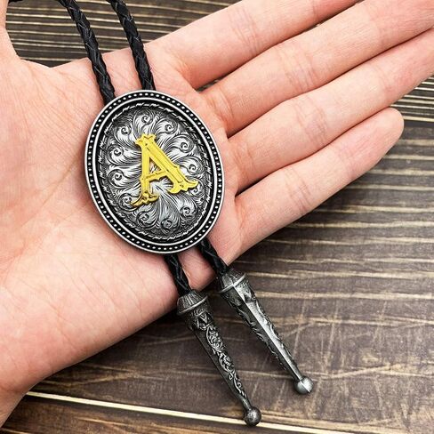 XGALBLA Golden Initial Letter A to Z in Ellipse Flower Western Cowboy Vintage Bolo Tie with Cowhide Rope in Saudi Arabia