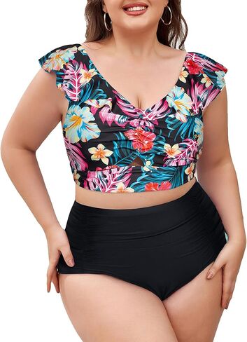 KIMCURVY Women's Plus Size Bikinis Two Pieces Swimsuits Ruffle V Neck Bathing Suit with Tummy Control Bottom in Kuwait