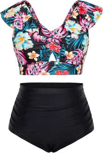 KIMCURVY Women's Plus Size Bikinis Two Pieces Swimsuits Ruffle V Neck Bathing Suit with Tummy Control Bottom in Kuwait