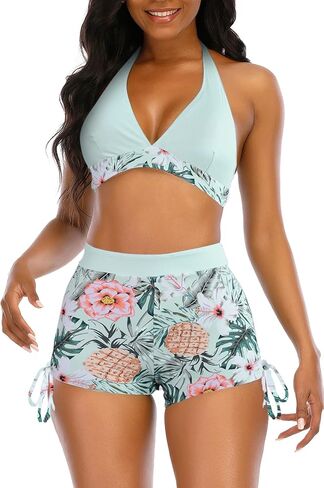 Womens High Waisted Swimsuits with Boy Shorts Brazilian Triangle Top Stripes Halter Bikini Two Piece Bathing Suits in Kuwait