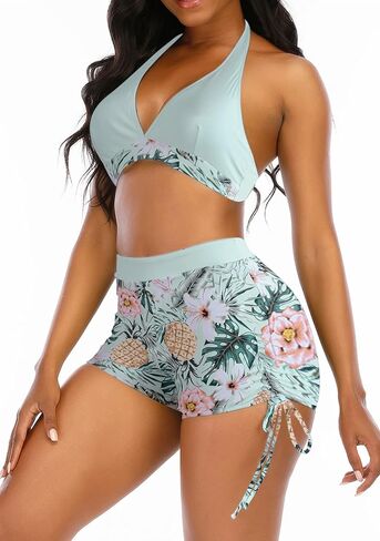 Womens High Waisted Swimsuits with Boy Shorts Brazilian Triangle Top Stripes Halter Bikini Two Piece Bathing Suits in Kuwait