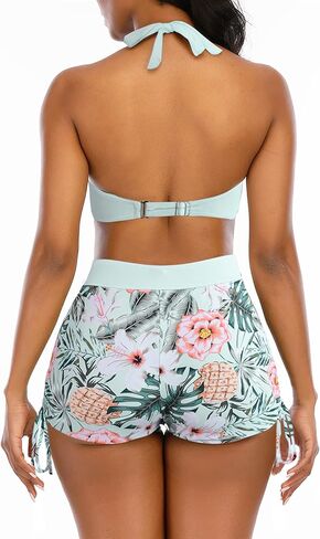 Womens High Waisted Swimsuits with Boy Shorts Brazilian Triangle Top Stripes Halter Bikini Two Piece Bathing Suits in Kuwait