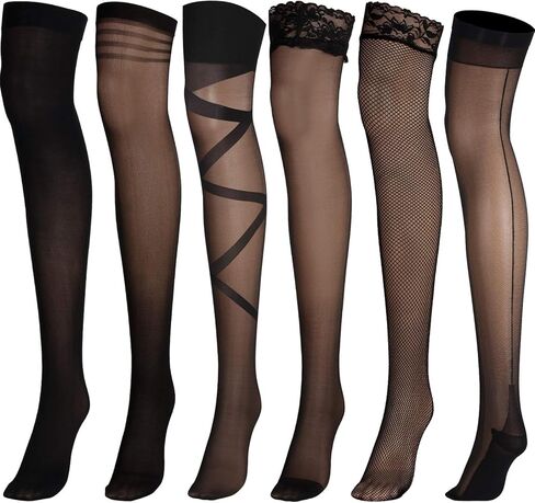 6 Pairs Thigh High Stocking Fishnet Stockings Silicone Lace Top Back Seam Strap Women, Multicoloured, One Size in Saudi Arabia