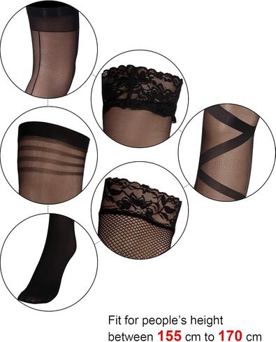 6 Pairs Thigh High Stocking Fishnet Stockings Silicone Lace Top Back Seam Strap Women, Multicoloured, One Size in Saudi Arabia