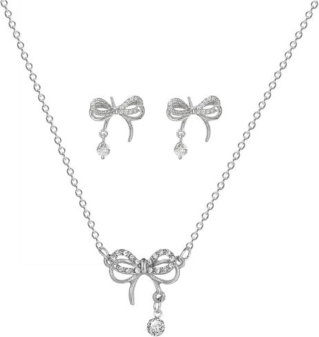 QXFQJT Gold Bow Earrings Necklace Set Golden Ribbon Earrings Necklace for Women Girls Bowknot Jewelry Christmas Gift in Saudi Arabia