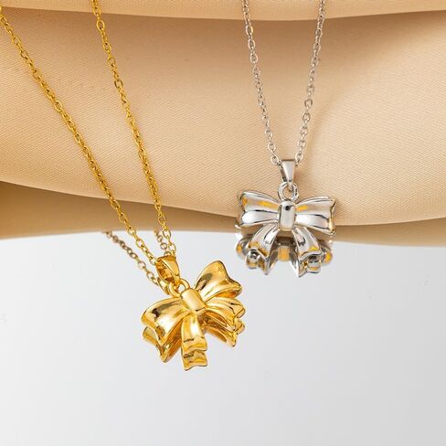QXFQJT Gold Bow Earrings Necklace Set Golden Ribbon Earrings Necklace for Women Girls Bowknot Jewelry Christmas Gift in Saudi Arabia
