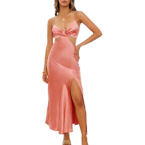2023 Satin Cut Out Maxi Summer Dresses for Women Silk Spaghetti Strap V-Neck Backless Tie Back Wedding Guest Midi Dress