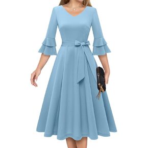 فستان كوكتيل من DRESSTELLS للنساء أنيق وأنيق برقبة على شكل حرف v وأكمام جرس مزدوجة فستان كنيسة متواضع رسمي لضيف الزفاف in Saudi Arabia