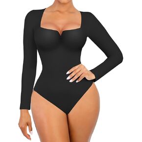 FeelinGirl Women's Square Neck Long Sleeve Thong Bodysuit Fall Tops Fashion Shirt V Neck Body Suit Daliy Basic Jumpsuit in Saudi Arabia