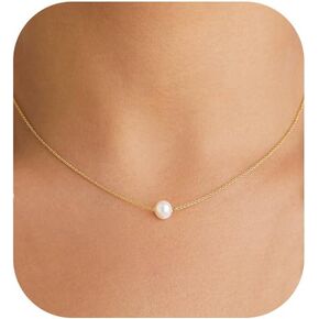Voduim Pearl Necklace, 14K Gold Or White Gold Plated Pearl Dainty Necklace for Women Pearl Y-Necklace Pearl Choker 16.5 inch