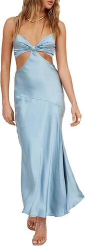 2023 Satin Cut Out Maxi Summer Dresses for Women Silk Spaghetti Strap V-Neck Backless Tie Back Wedding Guest Midi Dress in Kuwait