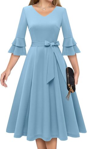 فستان كوكتيل من DRESSTELLS للنساء أنيق وأنيق برقبة على شكل حرف v وأكمام جرس مزدوجة فستان كنيسة متواضع رسمي لضيف الزفاف in Saudi Arabia