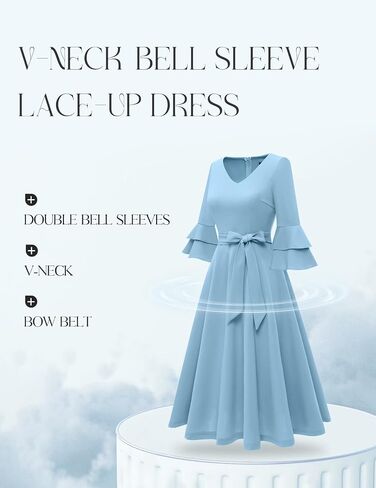 فستان كوكتيل من DRESSTELLS للنساء أنيق وأنيق برقبة على شكل حرف v وأكمام جرس مزدوجة فستان كنيسة متواضع رسمي لضيف الزفاف in Saudi Arabia
