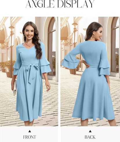 فستان كوكتيل من DRESSTELLS للنساء أنيق وأنيق برقبة على شكل حرف v وأكمام جرس مزدوجة فستان كنيسة متواضع رسمي لضيف الزفاف in Saudi Arabia