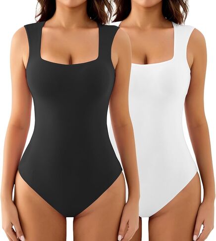 WAYMAKER Womens Sleeveless Bodysuits Square Neck Sexy Going Out Tank Tops Body Suit in Kuwait