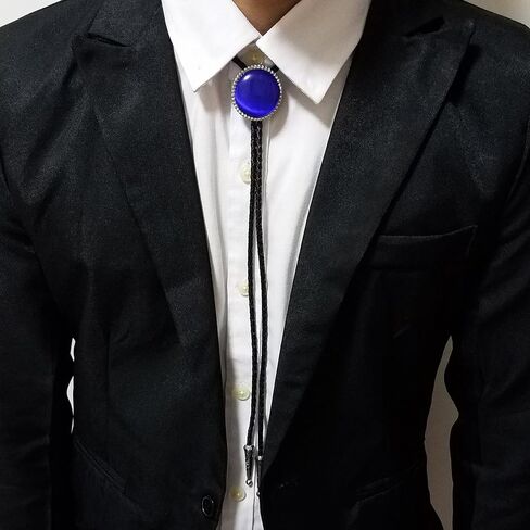 SELOVO Royal Blue Stone Rhinestone Genuine Leather Bolo Tie Silver Tone in Saudi Arabia