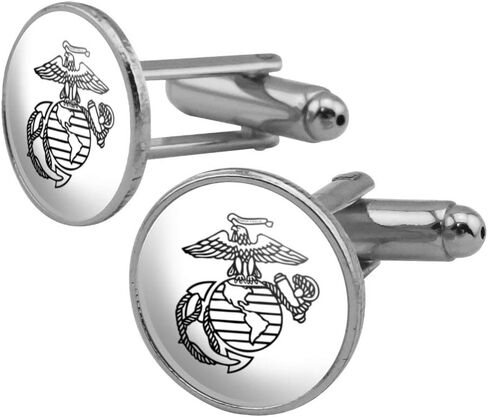 Marine Corps USMC Black White Eagle Globe Anchor Logo Officially Licensed Round Cufflink Set Silver Color in Saudi Arabia