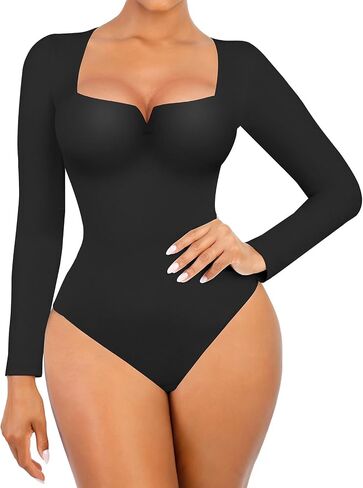 FeelinGirl Women's Square Neck Long Sleeve Thong Bodysuit Fall Tops Fashion Shirt V Neck Body Suit Daliy Basic Jumpsuit in Saudi Arabia