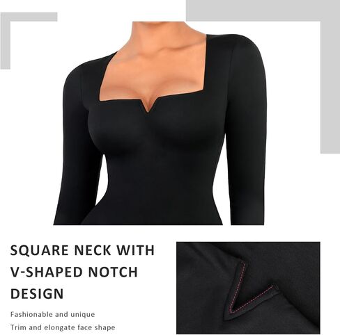 FeelinGirl Women's Square Neck Long Sleeve Thong Bodysuit Fall Tops Fashion Shirt V Neck Body Suit Daliy Basic Jumpsuit in Saudi Arabia