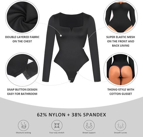 FeelinGirl Women's Square Neck Long Sleeve Thong Bodysuit Fall Tops Fashion Shirt V Neck Body Suit Daliy Basic Jumpsuit in Saudi Arabia