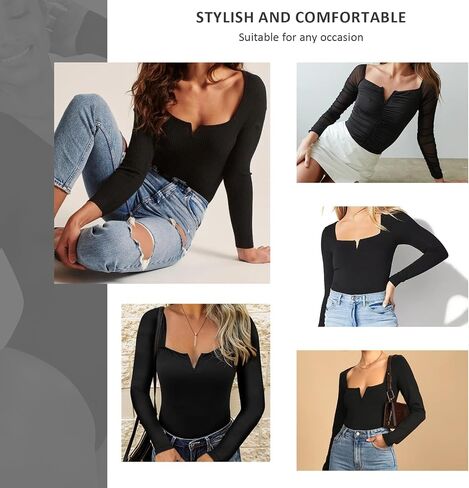 FeelinGirl Women's Square Neck Long Sleeve Thong Bodysuit Fall Tops Fashion Shirt V Neck Body Suit Daliy Basic Jumpsuit in Saudi Arabia