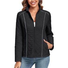 Anyhold Women's Lightweight Full Zip Jacket Diamond Quilted Coat Long Sleeve Stand Collar Trendy Winter Coat with Pockets in Saudi Arabia