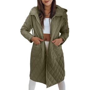 Imily Bela Womens Long Quilted Jackets Zip Up Hooded Drawstring Waist Coats with Pockets in Saudi Arabia