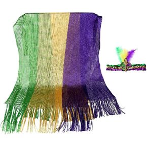LANGFON Mardi Gras Mesh Shimmering Scarf with Feather Headband, Mardi Gras Costume Accessory Masquerade Costume for Mardi Gras Outdoor Party Holiday Outfits, Green, Purple, Yellow in Kuwait